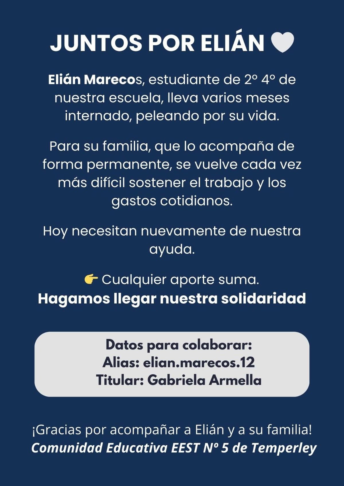 Flyer difundido en redes sociales por la comunidad de la Escuela Técnica de Temperley para acompañar a la familia de Elian, quien atraviesa una enfermedad poco frecuente. Flyer difundido en redes sociales por la comunidad de la Escuela Técnica de Temperley para acompañar a la familia de Elian, quien atraviesa una enfermedad poco frecuente.