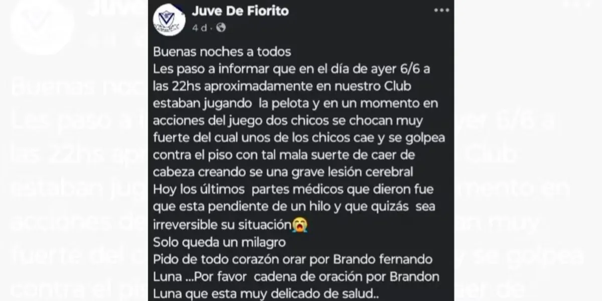 El comunicado del club Juventud Unida de Villa Fiorito. 