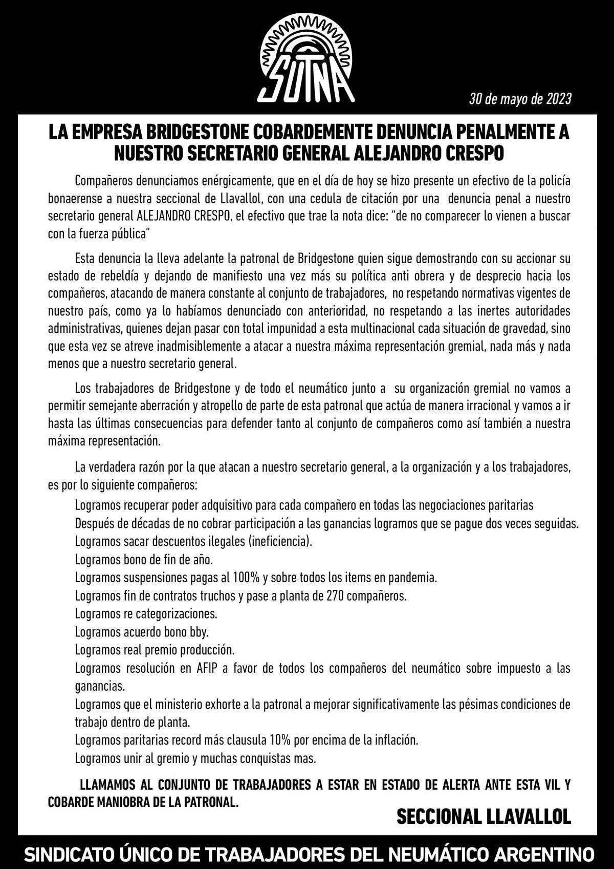 Uno de los comunicados del SUTNA por la denuncia a Alejandro Crespo.