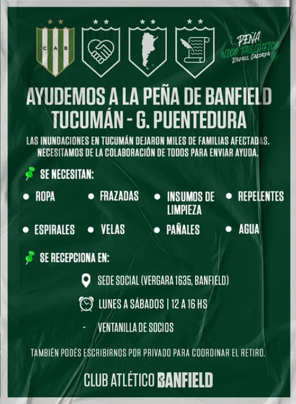 El Club Atlético Banfield impulsa una colecta solidaria para enviar donaciones a una peña del club en Tucumán, tras las inundaciones. El Club Atlético Banfield impulsa una colecta solidaria para enviar donaciones a una peña del club en Tucumán, tras las inundaciones.