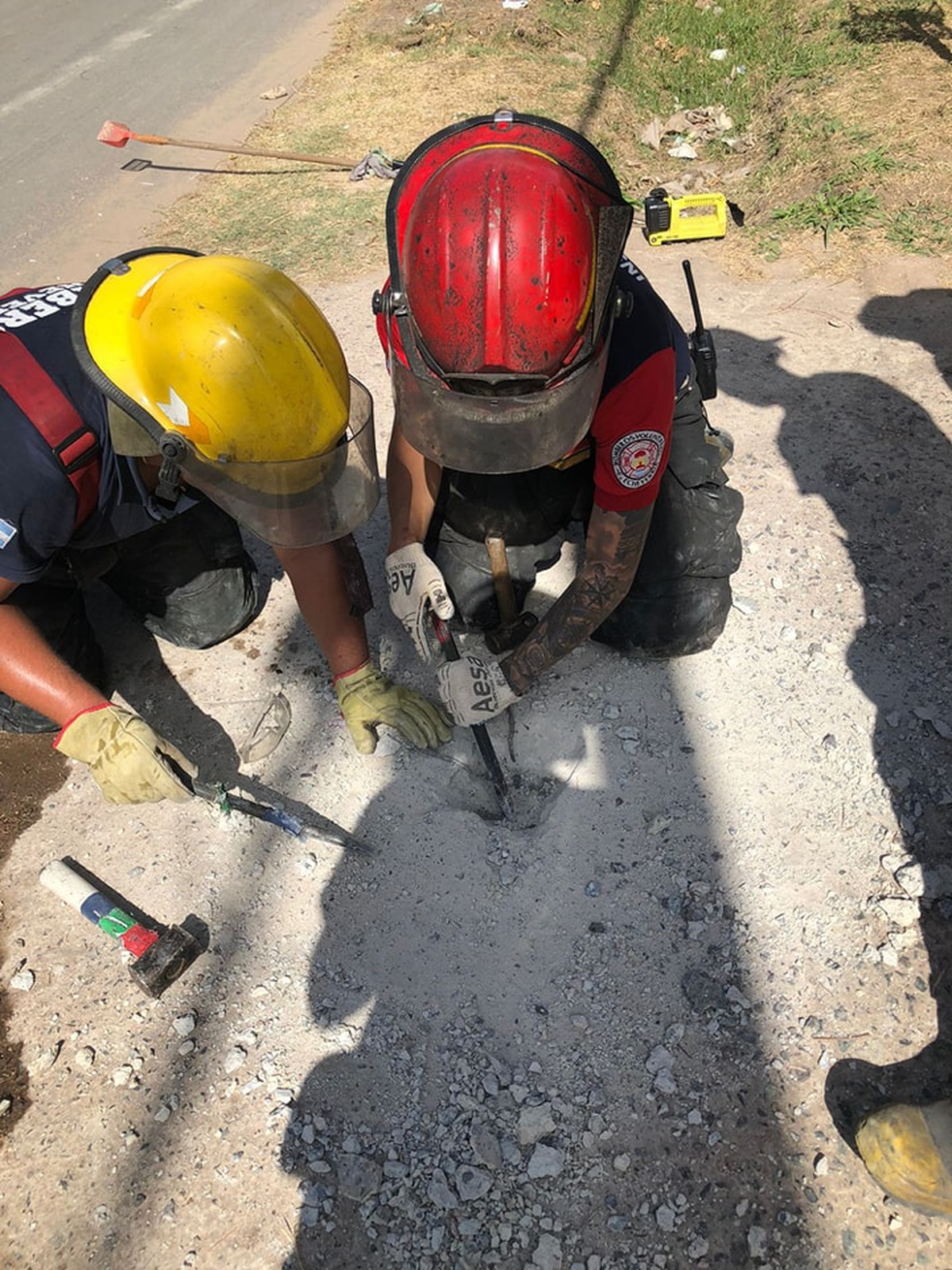 Para rescatar a los cachorros y su madre, los Bomberos de Esteban Echeverría tuvieron que romper el concreto.