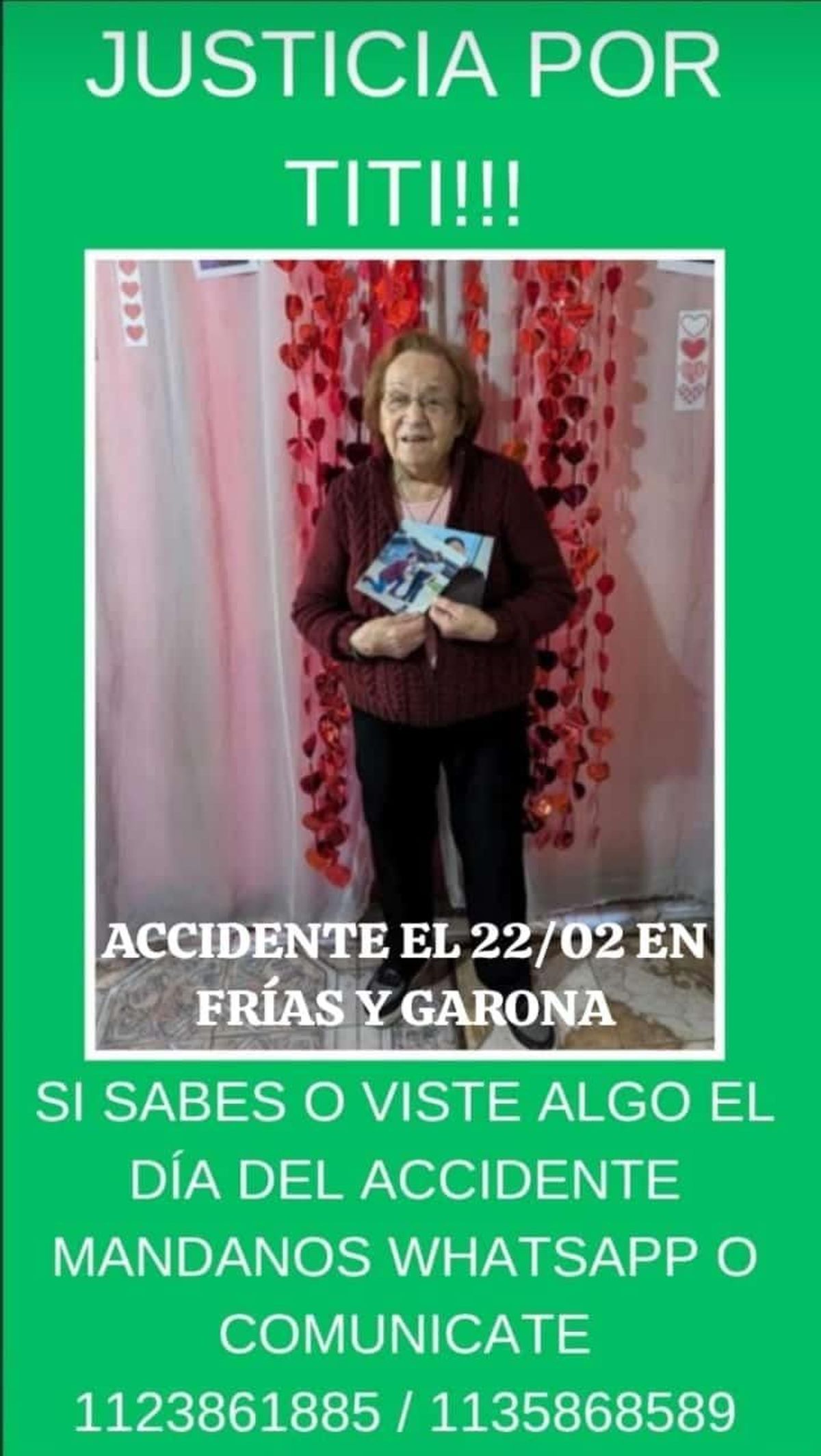 María Beatriz Oris de 93 años falleció el sábado luego de ser atropellada por una moto en Lomas. 