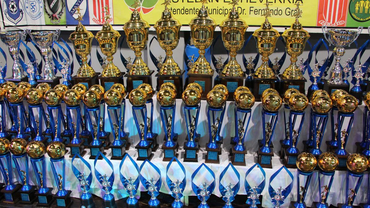 Los trofeos entregados por FeFIJEE en la fiesta de fin de año realizada en el predio del sindicato del plástico en Esteban Echeverría. 