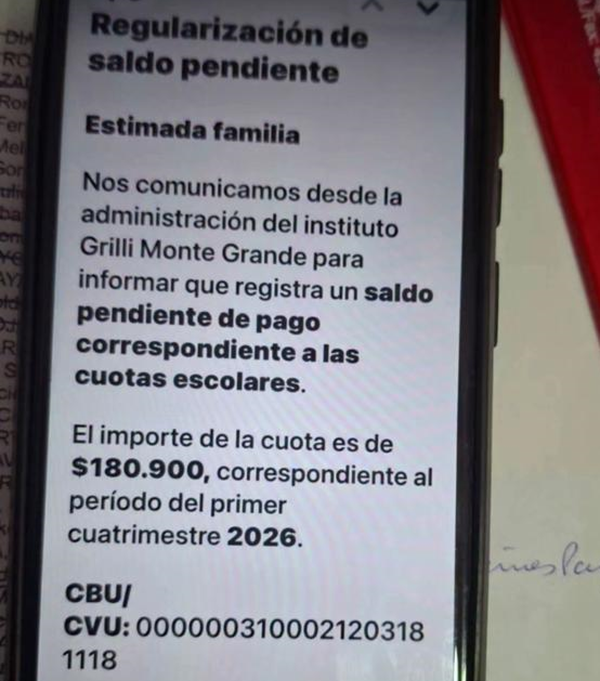 El mensaje que llegó a familias de estudiantes del Colegio Grilli Monte Grande. El mensaje que llegó a familias de estudiantes del Colegio Grilli Monte Grande.