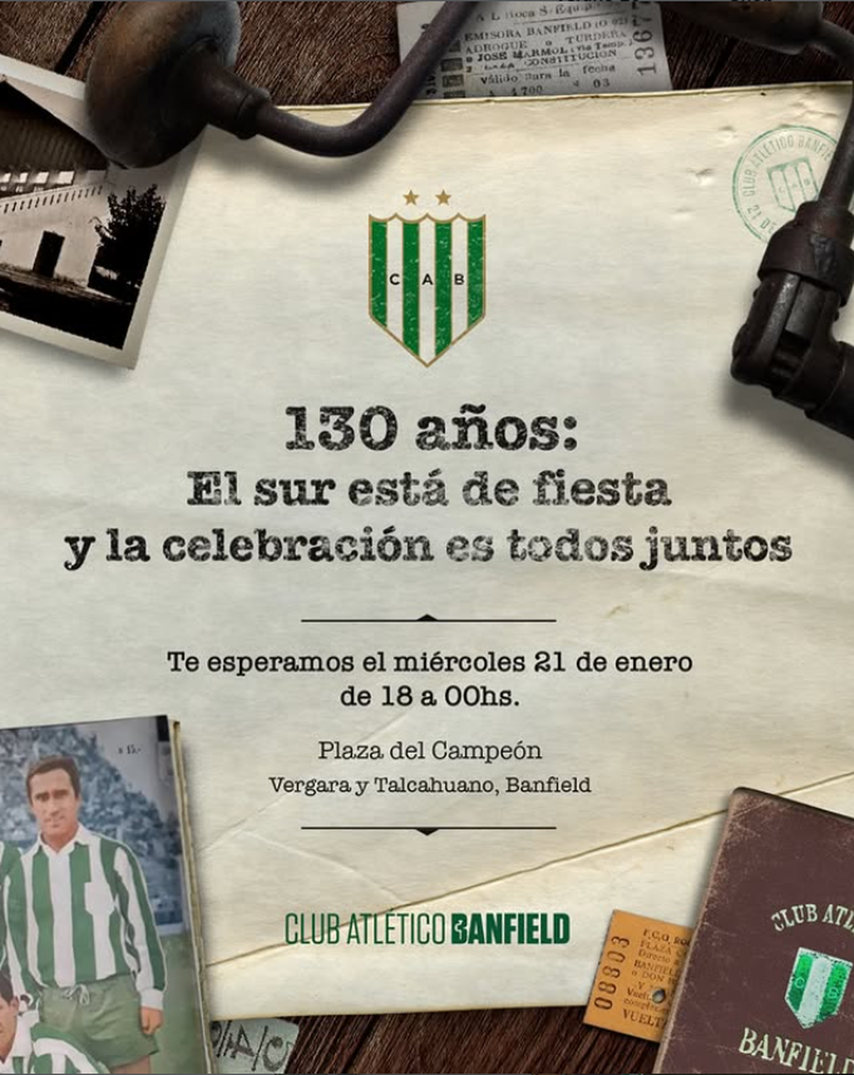 Flyer del festejo por los 130 años de historia del Club Atlético Banfield, que se realizará el miércoles 21 de enero en la Plaza del Campeón.