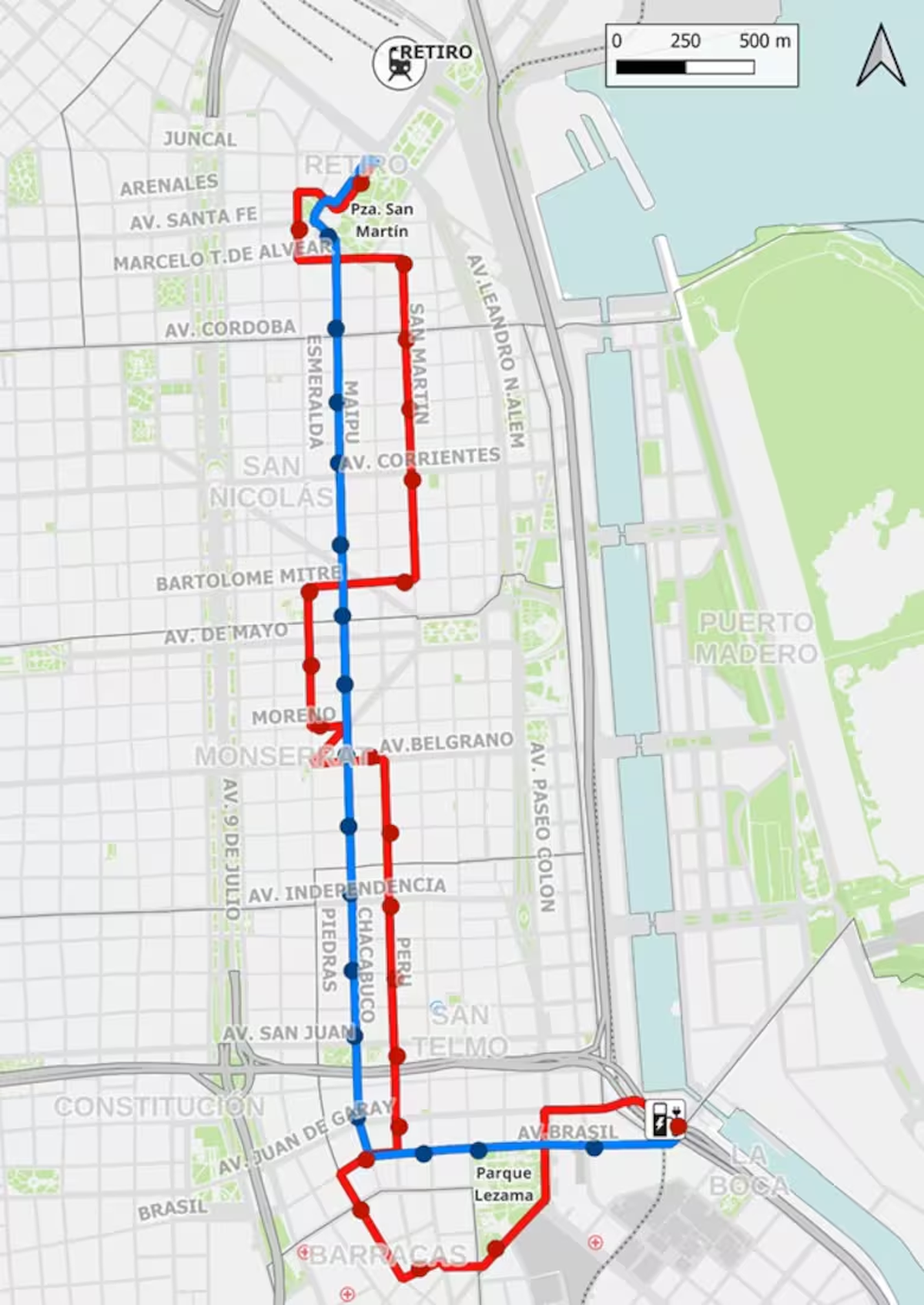 El recorrido que seguirán los colectivos eléctricos en CABA. 