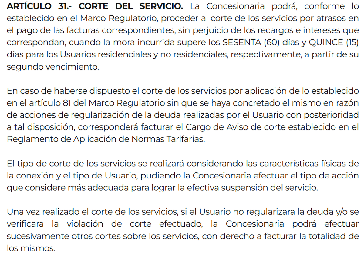 El corte podrá aplicarse tras 60 días de mora para usuarios residenciales y 15 para no residenciales.