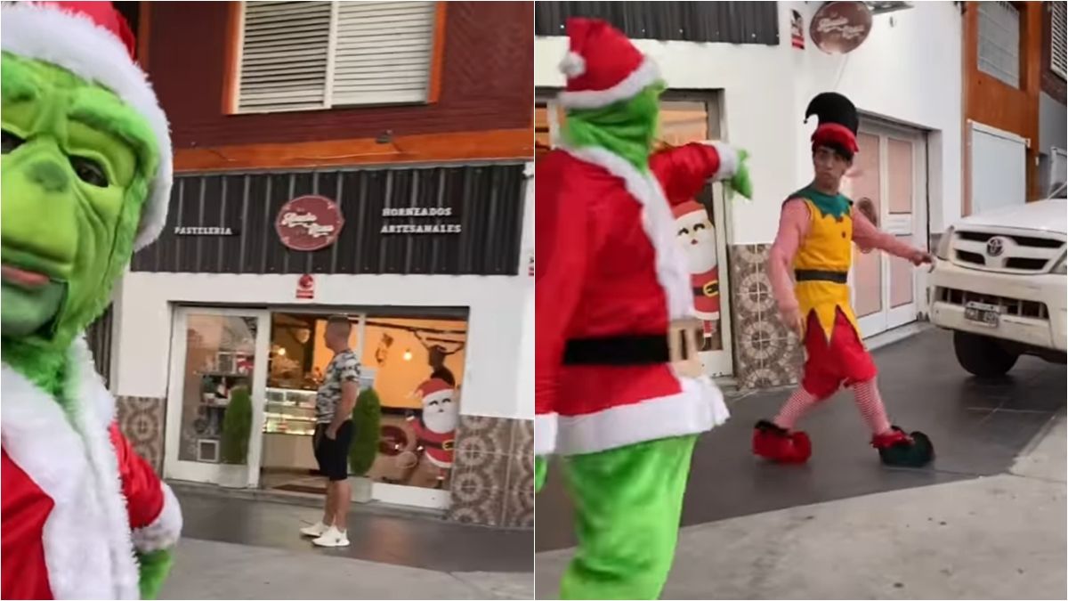 El Grinch apareció en Lomas de Zamora y desafió a un duende navideño