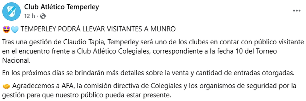 Comunicado de Temperley en sus redes sociales tras darse la medida.&nbsp;