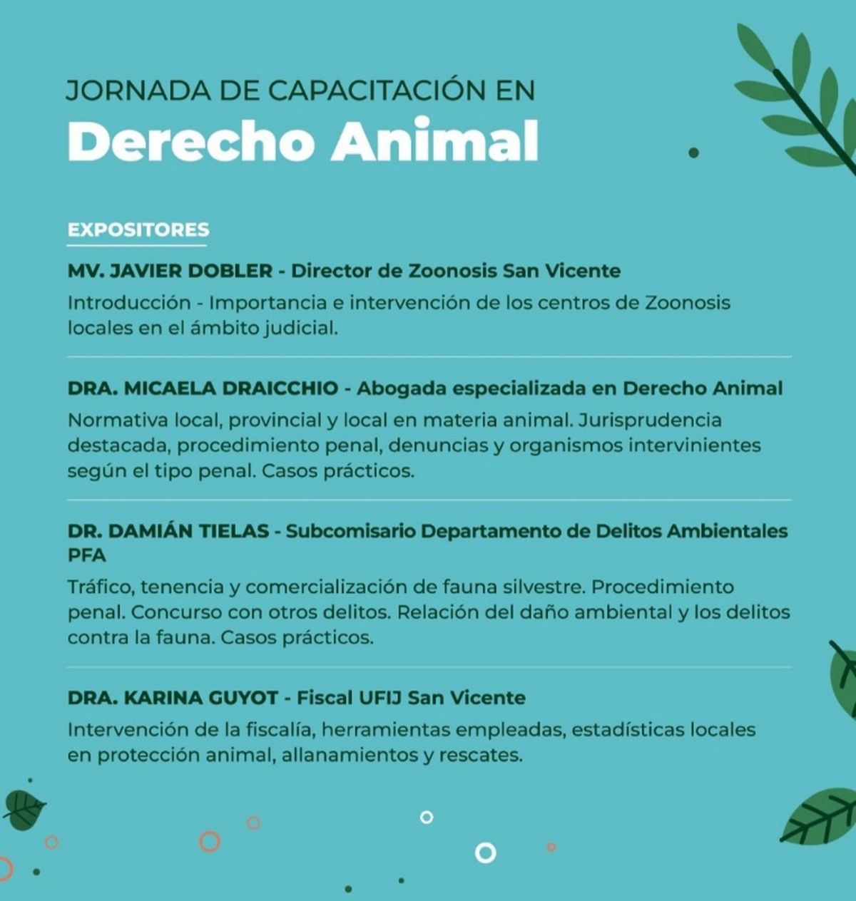 El Municipio de San Vicente organiza una jornada de Derecho Animal en Alejandro Korn.