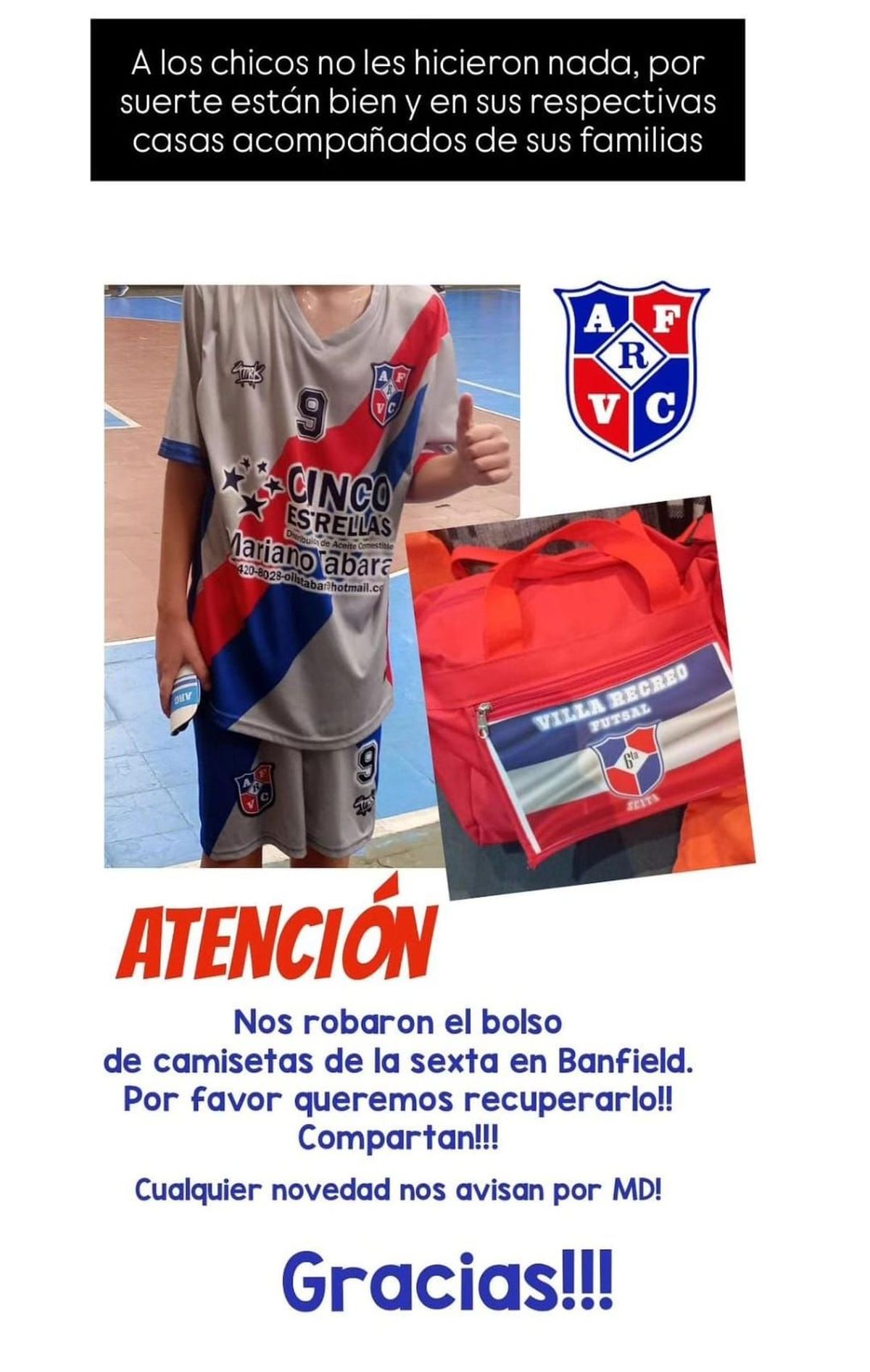 La publicación del club de Banfield pideindo la colaboración de la comunidad. 