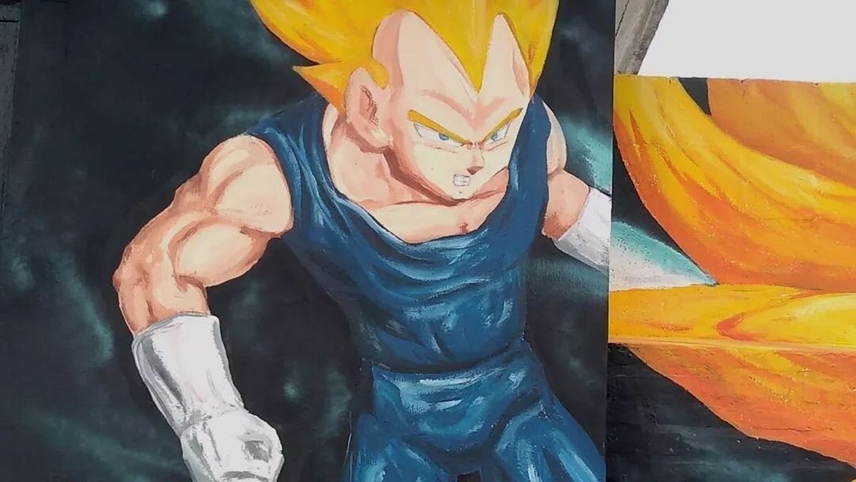 Vegeta, personaje icónico de Dragon Ball, retratado en el mural de Burzaco.