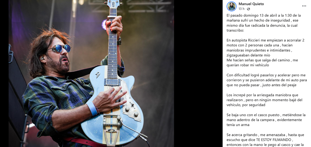El posteo del cantante en su cuenta de Facebook.