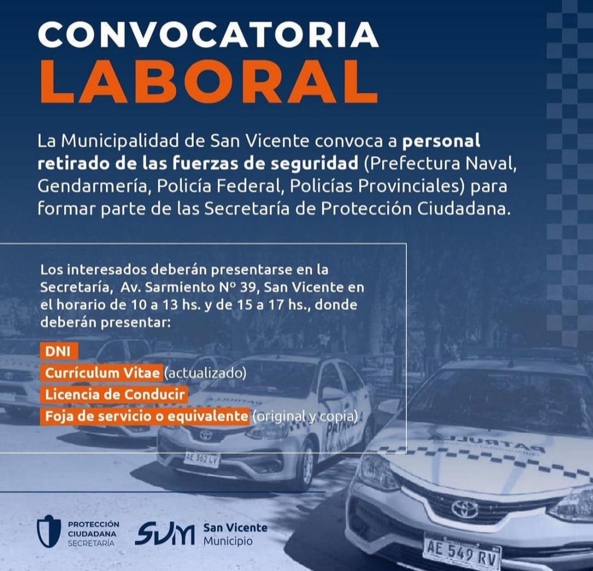 Abren convocatoria laboral para personal retirado de las fuerzas de seguridad en San Vicente.