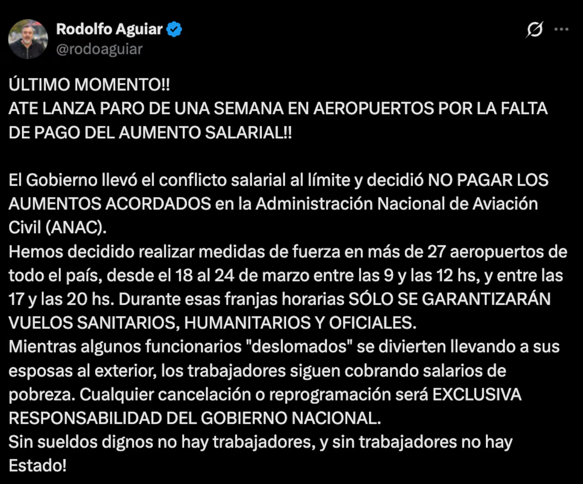 El tuit del secretario general de ATE, Rodolfo Aguiar. 