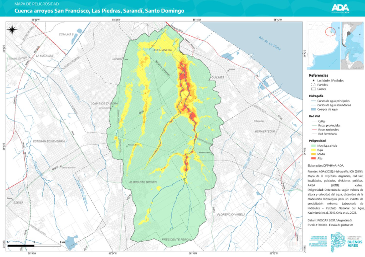 El Mapa de Peligrosidad Hídrica aprobado por la Autoridad del Agua delimita las zonas con distinto nivel de riesgo de inundación en el sur del Conurbano.