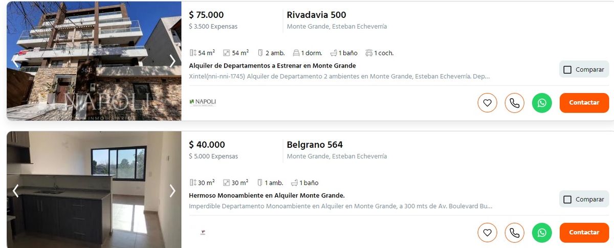 Ejemplos del sitio ZonaProp: los alquileres en Monte Grande parten de los $35.000 y llegan hasta $75.000.