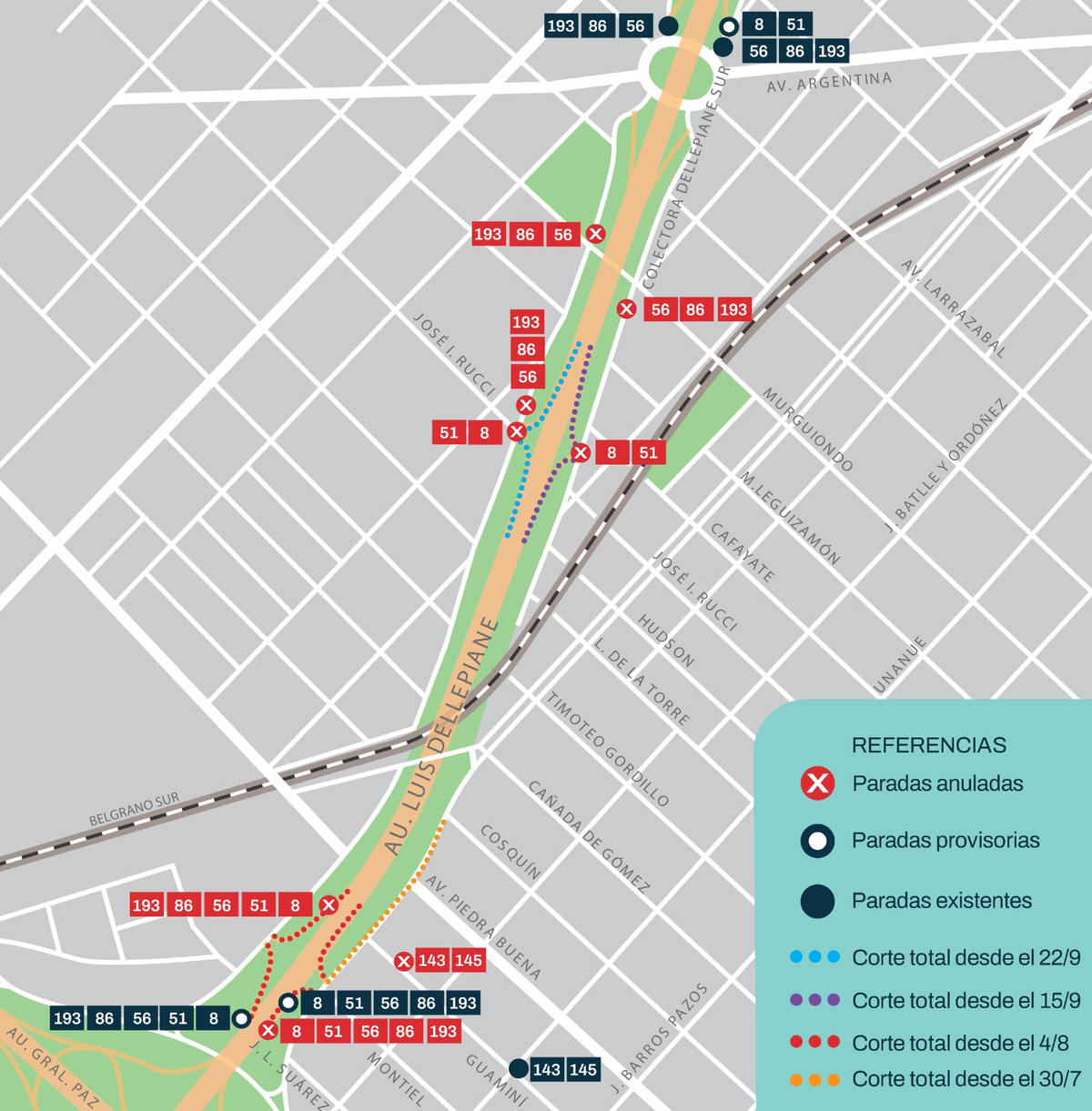 Todos los cambios en las paradas de colectivos afectadas.  