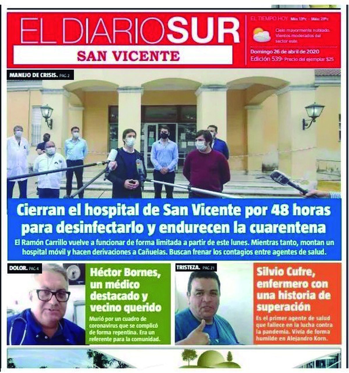 La tapa de El Diario Sur San Vicente del domingo 26 de abril de 2020. 