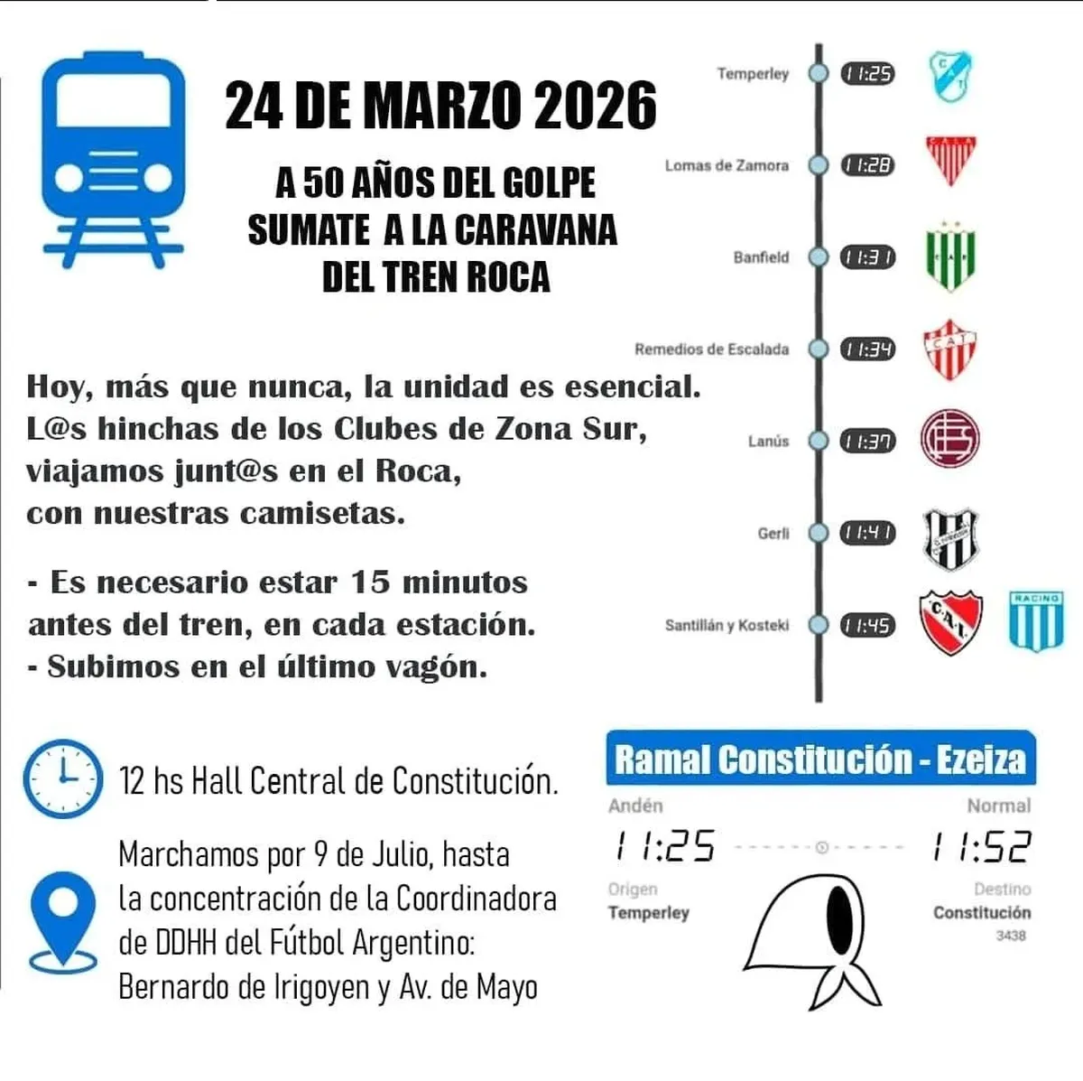 Hinchas de distintos clubes del sur se organizaron para viajar juntos en el Tren Roca rumbo a la marcha por el 24 de marzo. Hinchas de distintos clubes del sur se organizaron para viajar juntos en el Tren Roca rumbo a la marcha por el 24 de marzo.