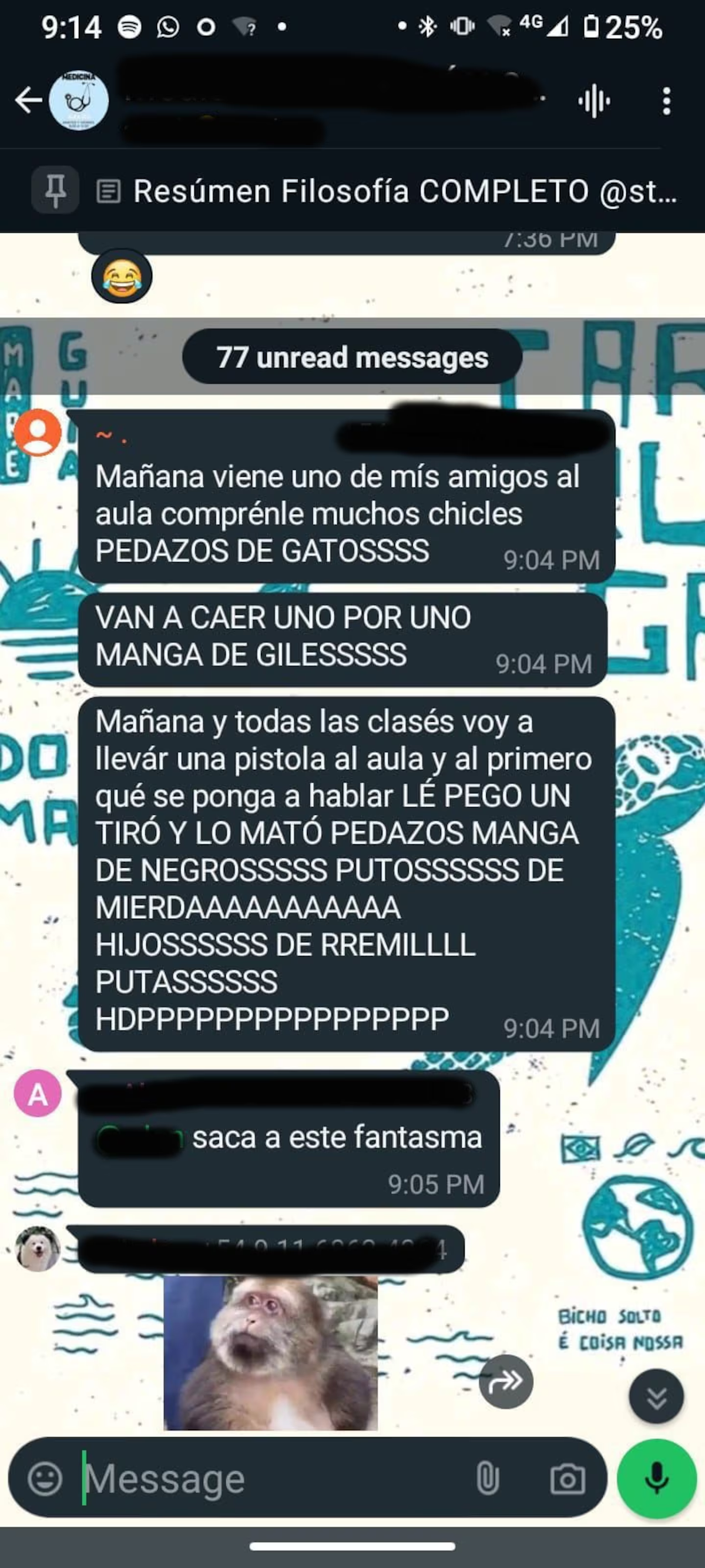 Las capturas del chat de WhatsApp de los estudiantes de la Universidad de La Matanza. 
