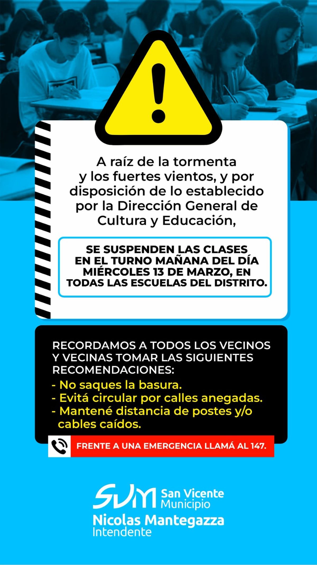 Las clases permanecerán suspendidas durante la jornada de mañana en San Vicente.