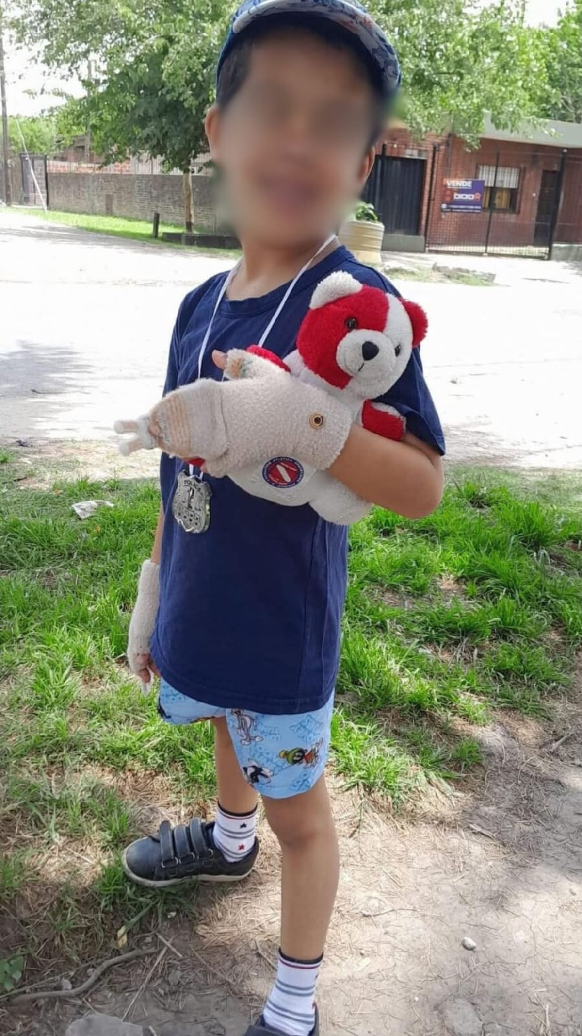 El niño y el peluche en Almirante Brown antes de ser extraviado.