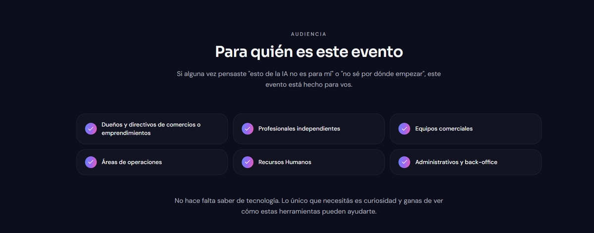 El cronograma incluye charlas sobre asistentes de IA, automatización de procesos y un espacio de networking.