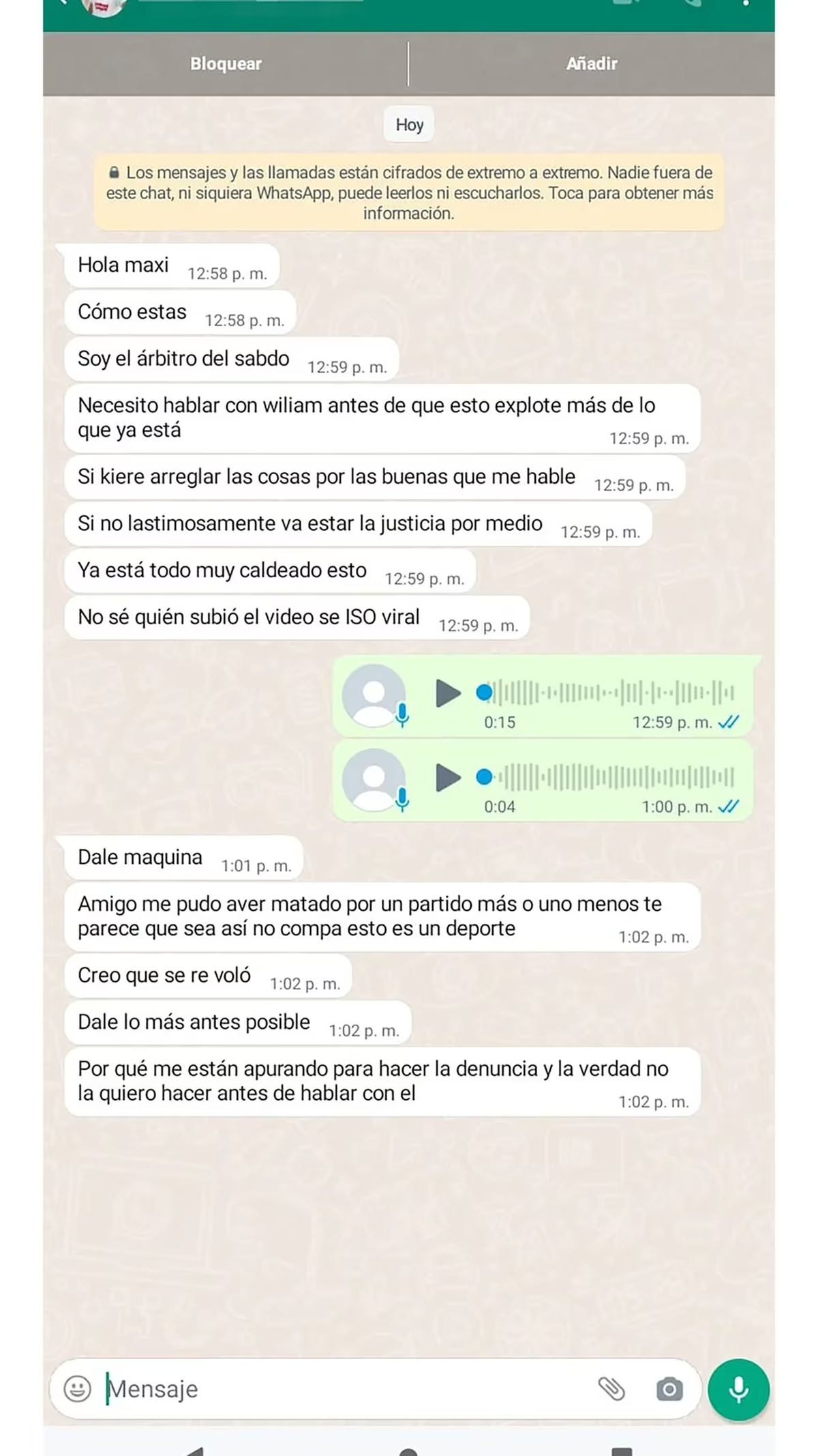 Los chats del árbitro agredido con el delegado de La Cortada FC.
