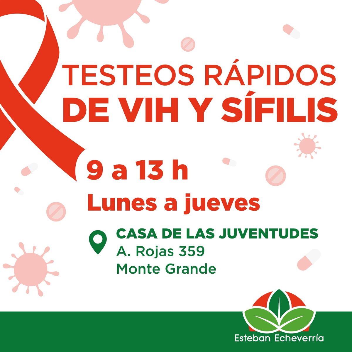 El Municipio realiza testeos rápidos y gratuitos de VIH y sífilis de lunes a jueves, de 9 a 13, en la Casa de las Juventudes de Monte Grande.
