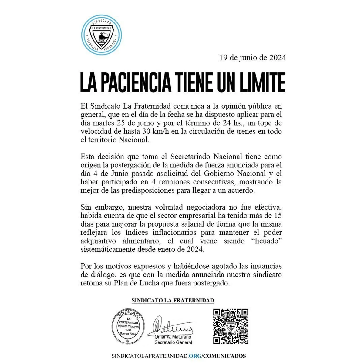 Comunicado de La Fraternidad por la reducción de velocidad de trenes.