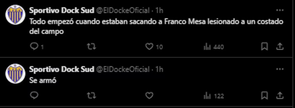 Tweets de la cuenta de X de Dock Sud explicando la situaci&oacute;n.&nbsp;