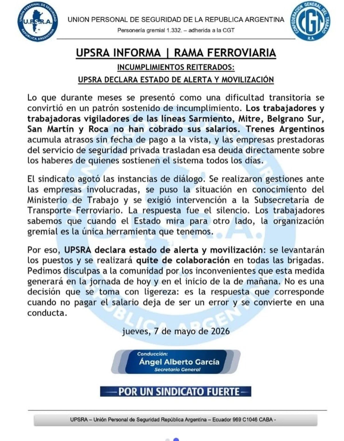 Comunicado del sindicato.&nbsp;