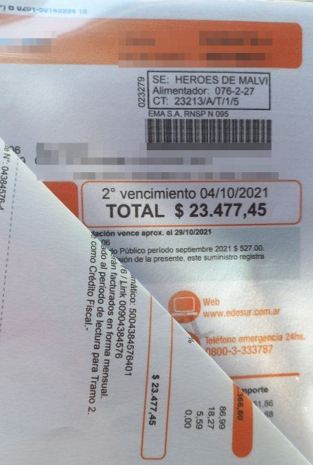 Factura de Edesur de una vecina que participa de la protesta.