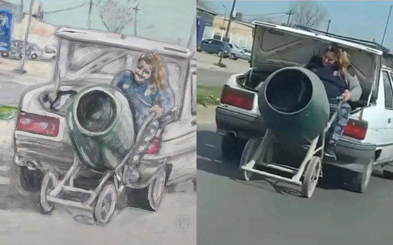 Una extraña imagen de Google Maps: una mujer llevando una mezcladora de cemento desde un baúl.