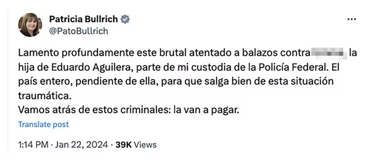 El tuit de la ministra Patricia Bullrich tras el ataque que sufrió la hija de su custodio en Lomas.