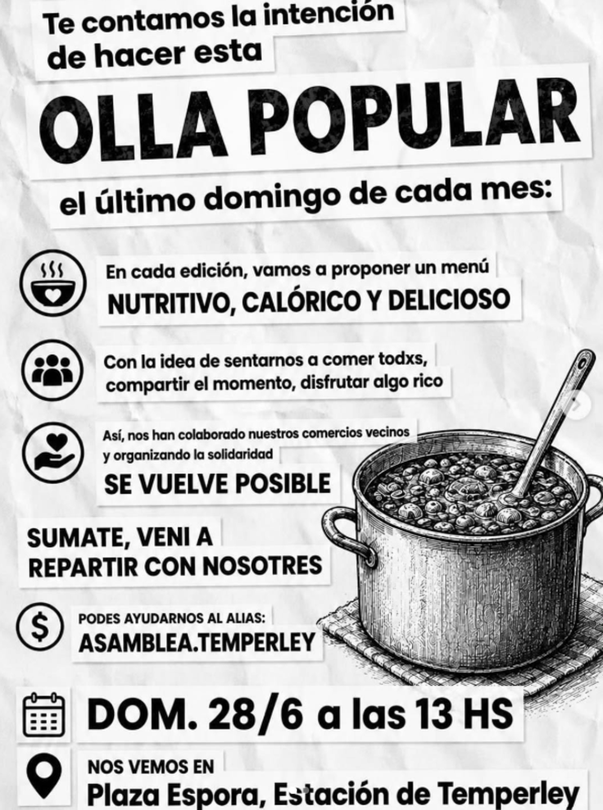 La Asamblea Vecinal de Temperley convocó a una olla popular en Plaza Espora y pidió donaciones para acompañar la jornada.