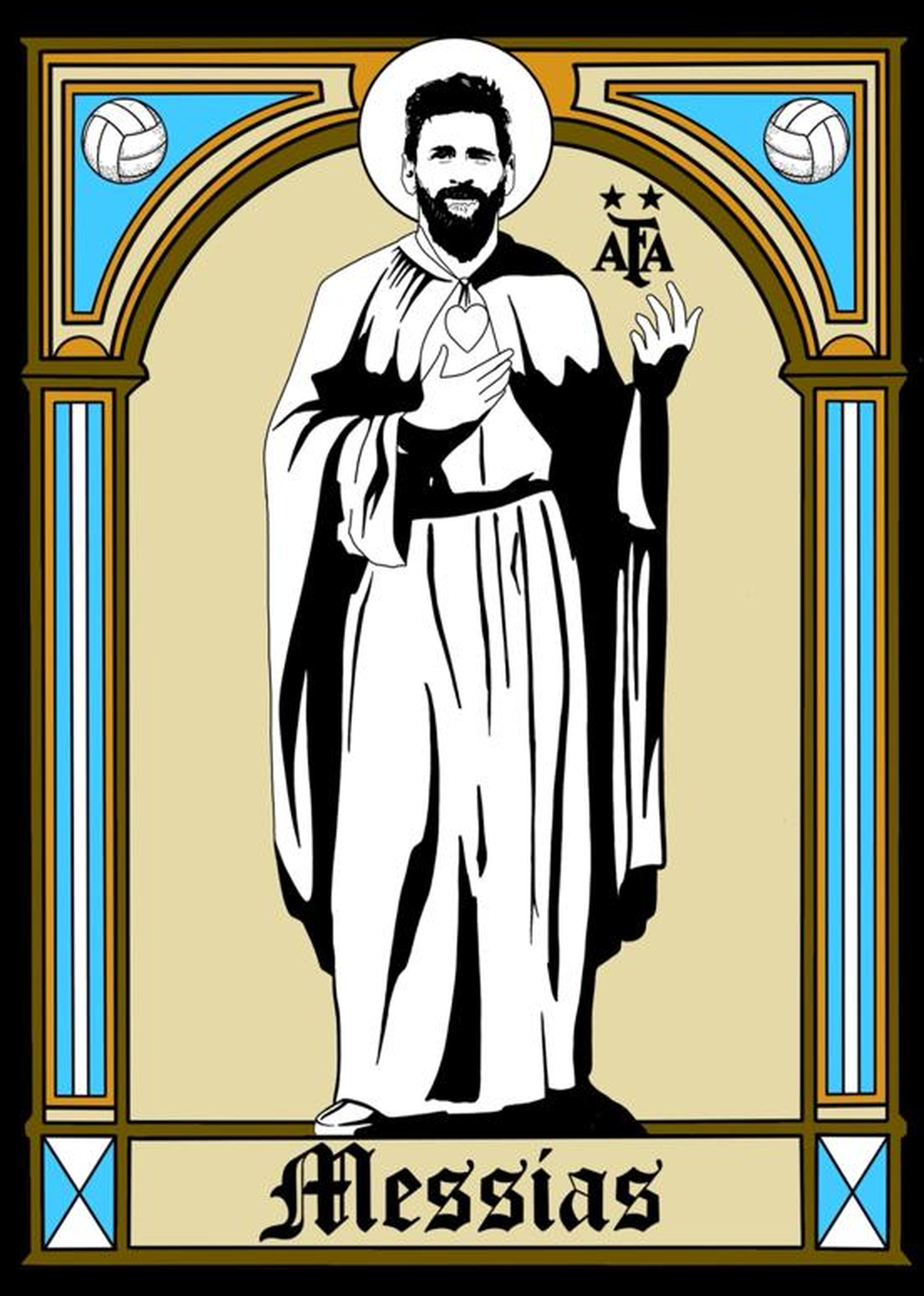 El diseño de la estampita de Messi que realizó Damián.
