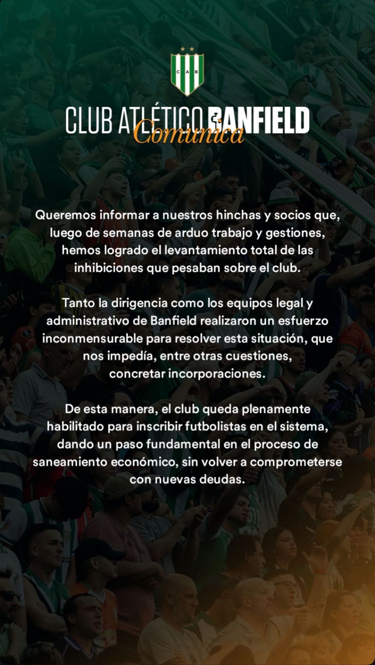 Banfield anunció hoy oficialmente el levantamiento de las inhibiciones y la habilitación para incorporar refuerzos.