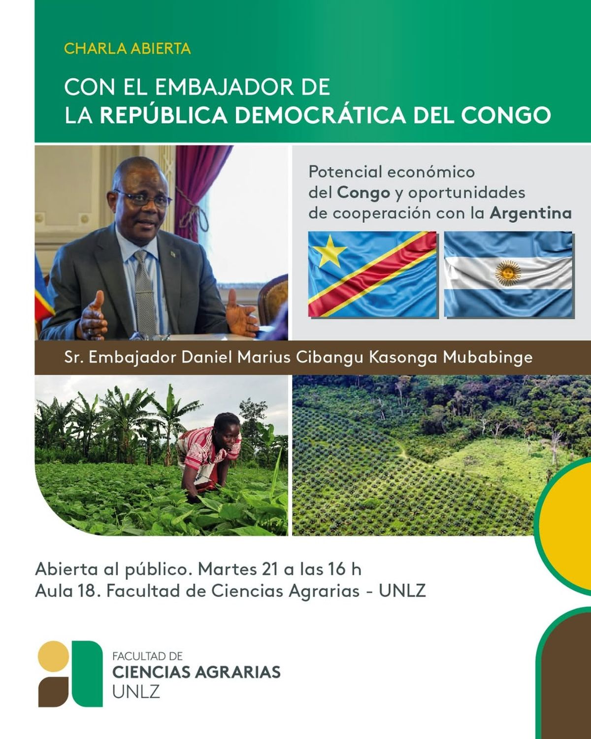 El embajador del Congo brindará una charla abierta en la Facultad de Ciencias Agrarias de la Universidad Nacional de Lomas de Zamora