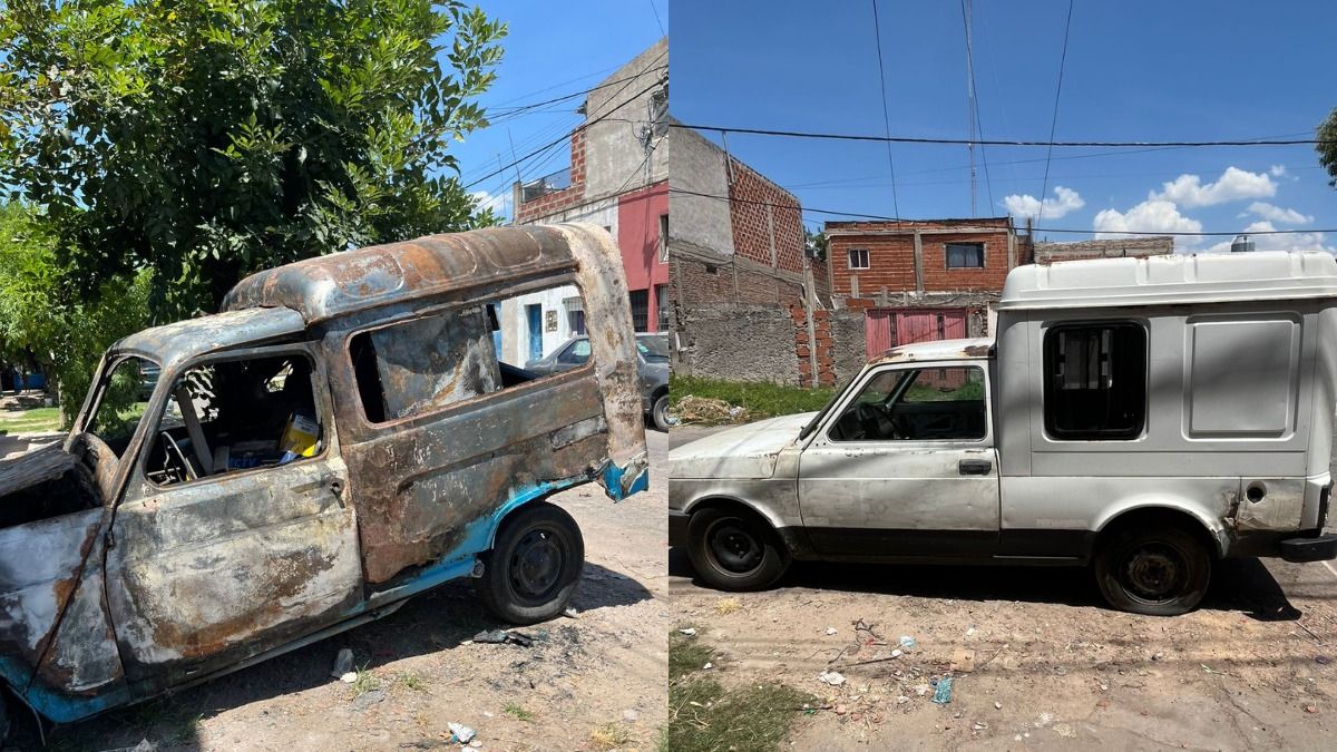 La camioneta que se incendió en Fiorito y el nuevo vehículo donado en la colecta que va a permitir que vuelva a trabajar.