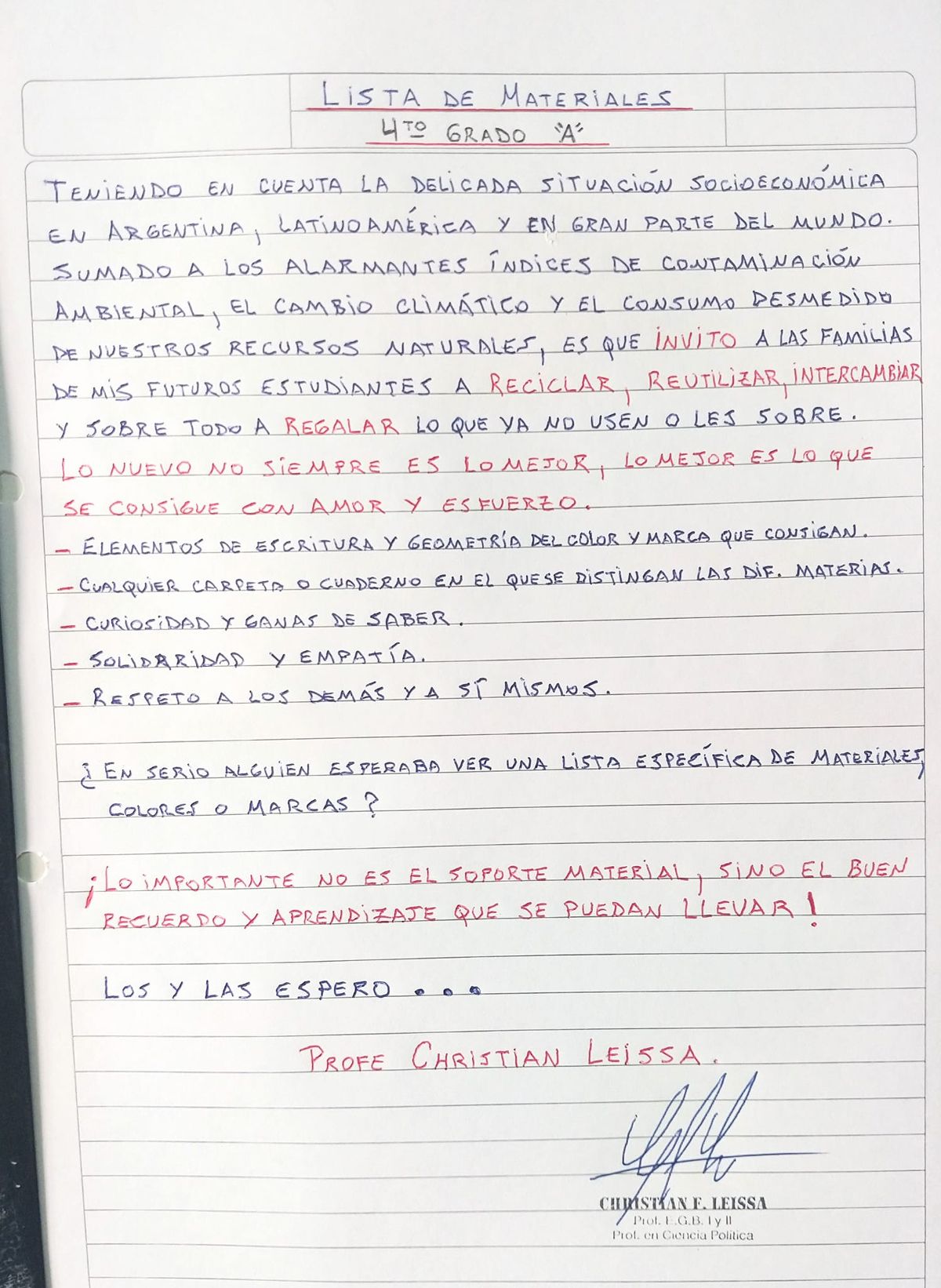 Solidaridad, empatía y ganas de saber: la curiosa lista de útiles que pidió un docente que se volvió viral