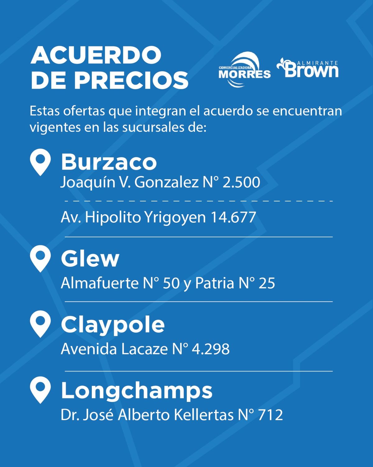 Las sucursales en donde está vigente el acuerdo de precios de Almirante Brown.