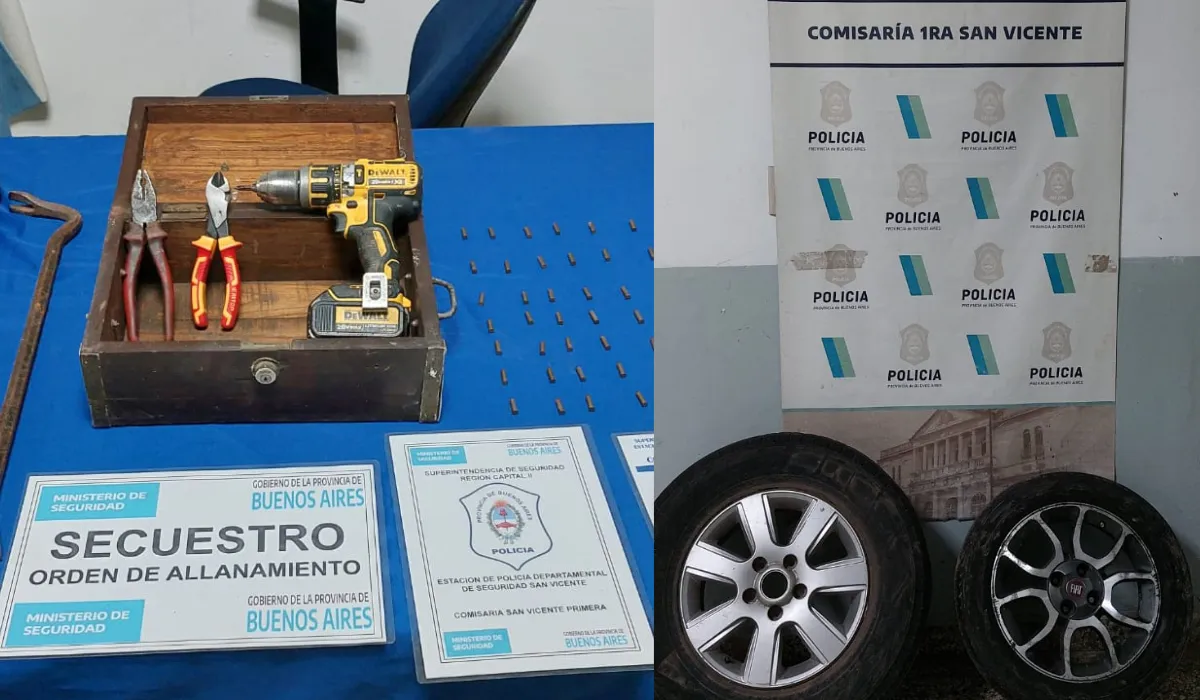 Los elementos incautados durante el allanamiento de un roba ruedas en San Vicente. 