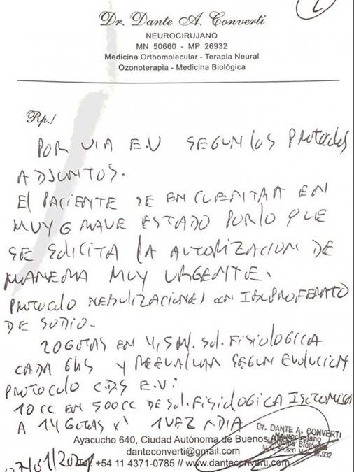 Dante Converti, neurocirujano oriundo de Lomas de Zamora, recetó dióxido de cloro a un paciente con coronavirus.