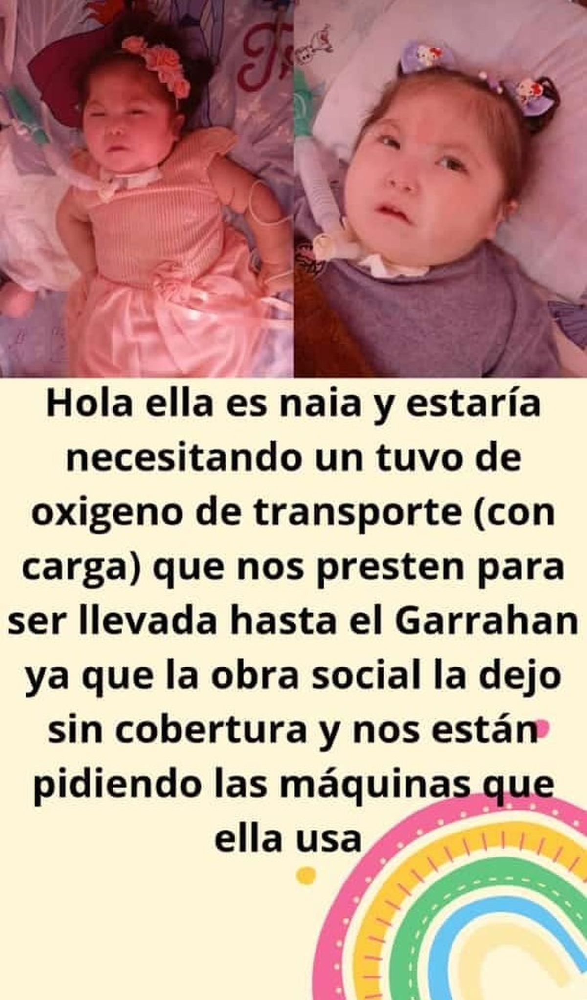 La nena de Lomas necesita ayuda para poder conseguir un tubo de oxígeno. 