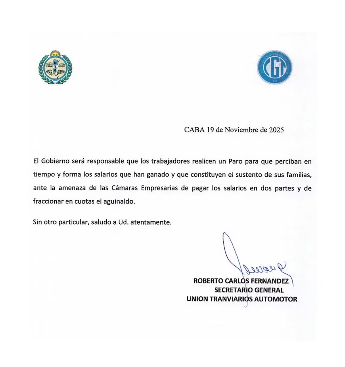 La carta del secretario general de la UTA, Roberto Fernández. 