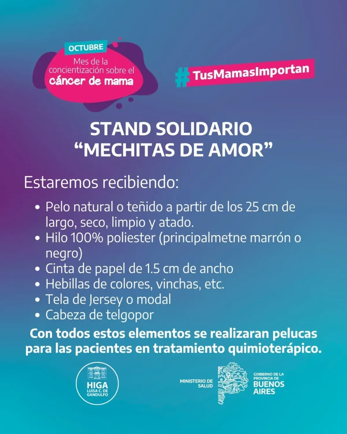 El stand solidario “Mechitas de Amor”, recibirá donaciones para confeccionar pelucas oncológicas.