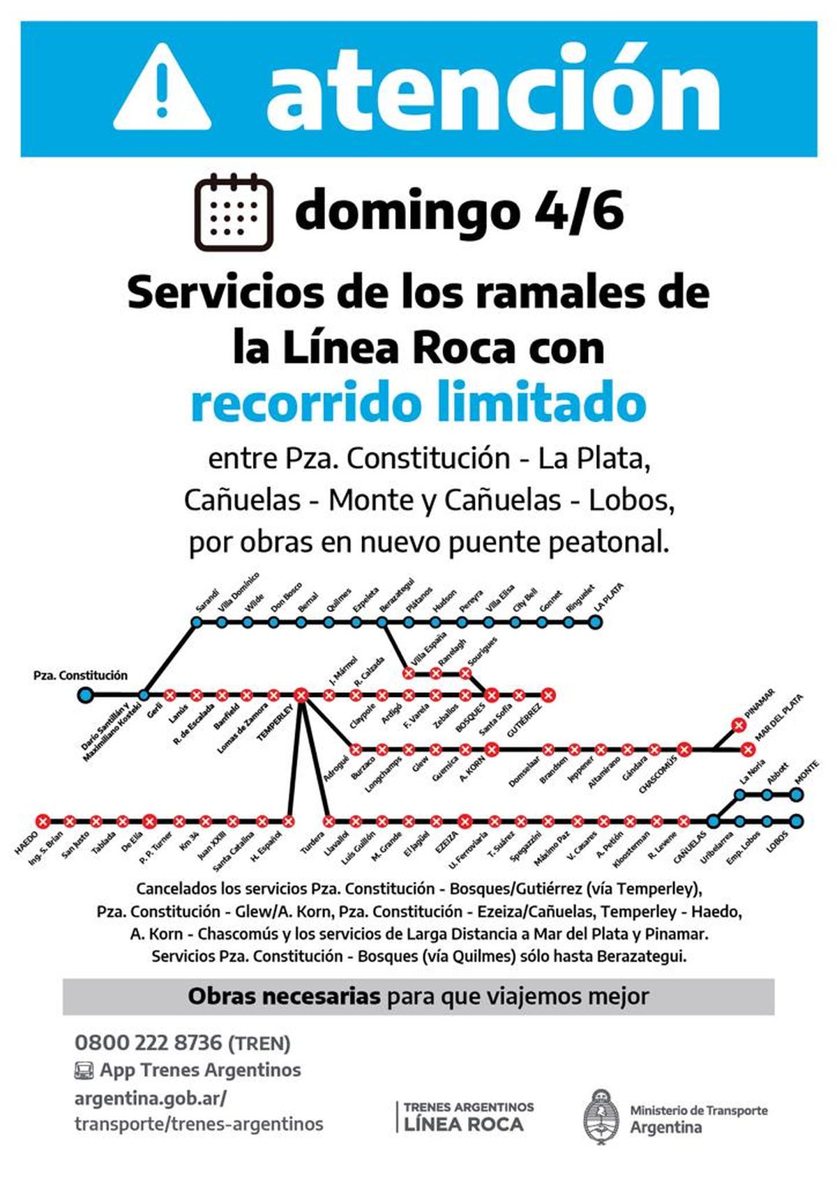 Este domingo estarán cancelados casi todos los servicios del Tren Roca.