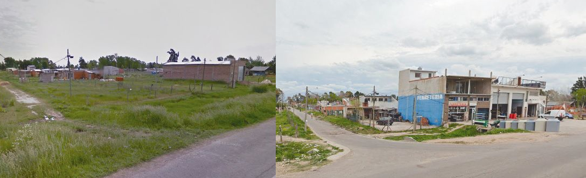 La aplicación de Google Maps permite ver la misma zona de la Ruta 210 en 2013 y en 2023. Se evidencia el avance de Alejandro Korn.